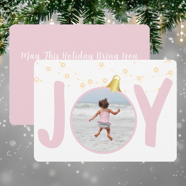 Cartão de Natal Rosa Joyl Baby com Foto de Solteir (Joy In Baby Pink Single Photo Christmas Holiday Card)