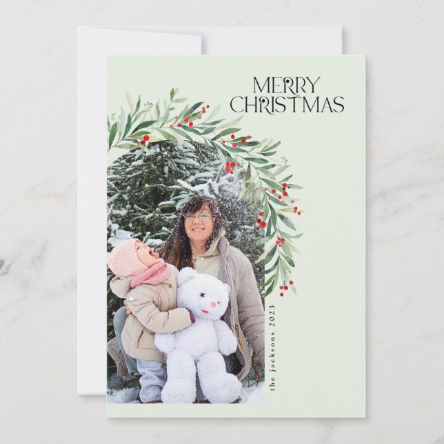 Cartão de Natal Russo Verde Berries Vermelho (Frente)