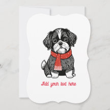 Cartão de Natal Shih Tzu com Estilo de Linocuto Re