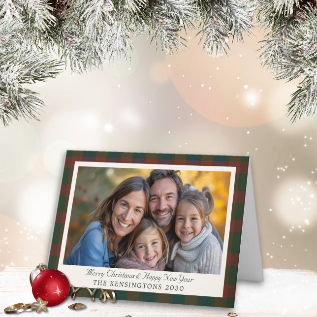 Cartão de Natal Tradicional/Dobrado de Tartan/Xadr (Traditional plaid/tartan folder Christmas photo card)