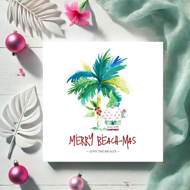 Cartão de Natal Tropical (Beach-mas invitations watercolor palm tree and Christmas gnome by Victoria Grigaliunas DoTellABelle)