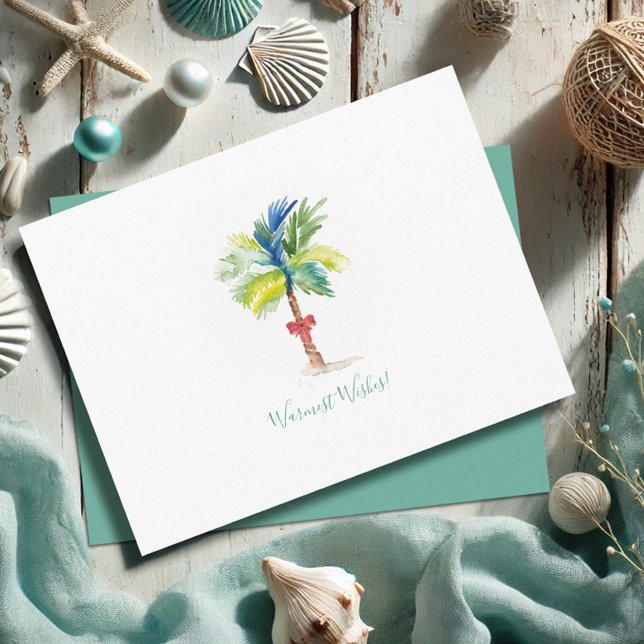 Cartão de Natal Tropical Palm Trees Postcard (Tropical Christmas postcard features watercolor palm tree art by Victoria Grigaliunas VG Invites)