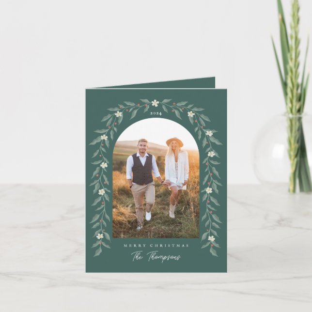 Cartão de Natal Verde com Foto em Arco de Grinalda (Frente)