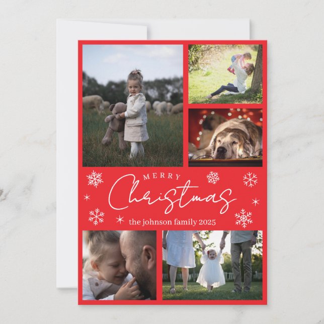 Cartão de Natal Vermelho Floco de Neve Elegante Fe (Frente)