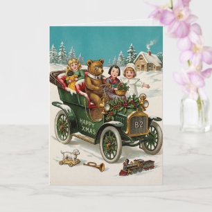 Cartão de Natal Vintage de Automóvel com Crianças