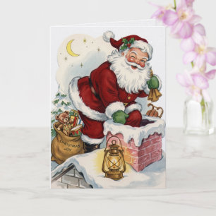 Cartão de Natal Vintage do Papai Noel na Chaminé