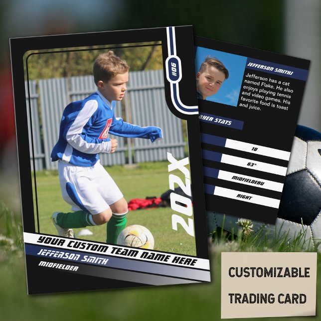 Cartão de Negociação do Jogador de Futebol de Azul (Soccer Player Trading Card in Black with Custom Team Name and Blue White Elements)