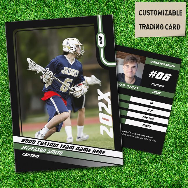 Cartão de Negociação do Jogador de Lacrosse em Ver (Lacrosse Player Trading Card in Black with Custom Team Name and Green White Elements)