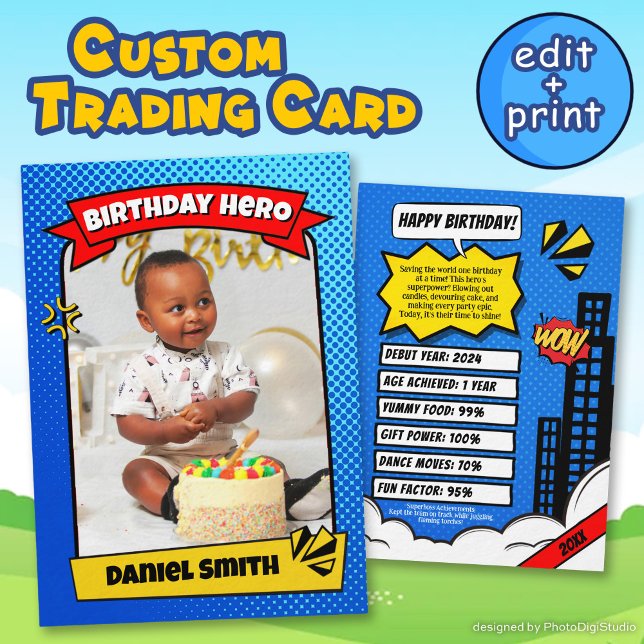 Cartão de Negociação Personalizado, Aniversário Fa (Custom Comic Birthday Trading Card Birthday Favors)