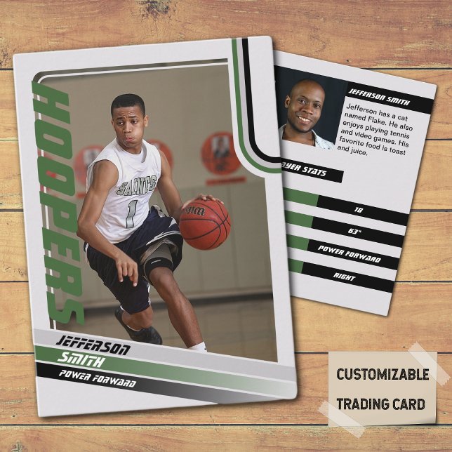 Cartão de Negociação Personalizado do Jogador de B (Basketball Player Trading Card in Grey with custom team name and player name with Green stripes
)