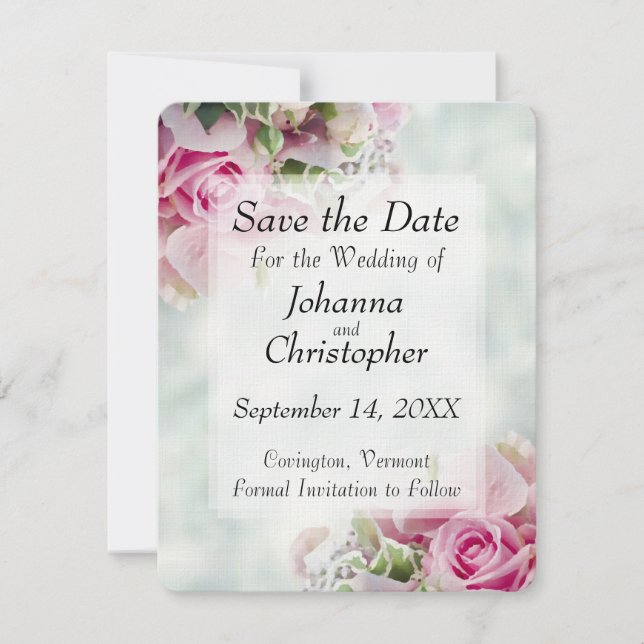Cartão de Noivado com Rosas Pink Save the Date (Frente)