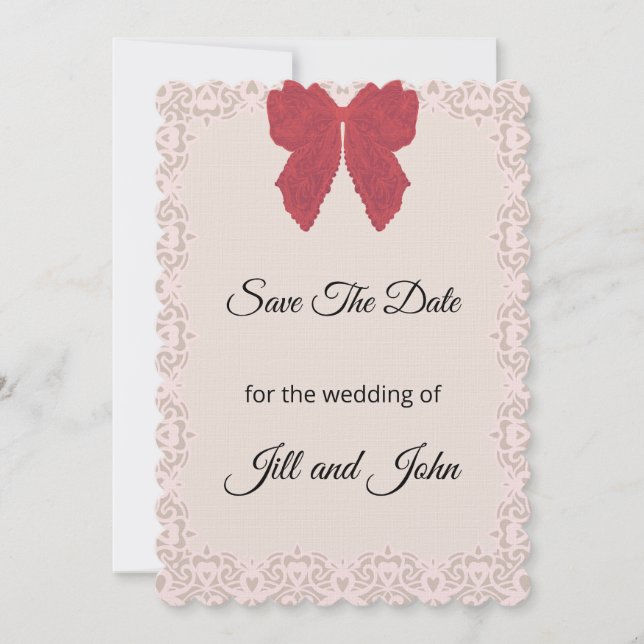 Cartão de Noivado Save The Date com Laço de Renda (Frente)