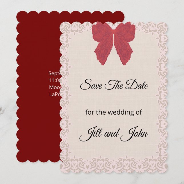 Cartão de Noivado Save The Date com Laço de Renda (Frente/Verso)