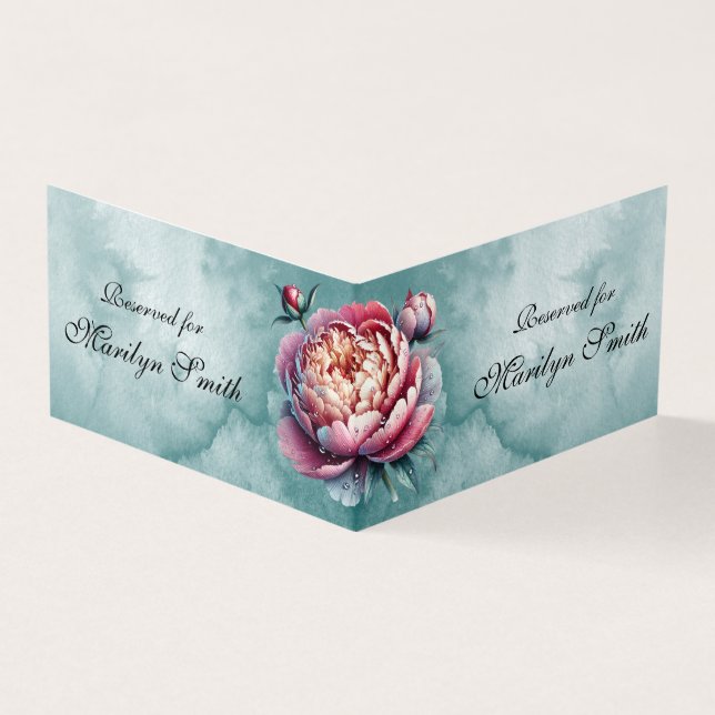 Cartão de Nome de Casamento com Peônias Rosa (Exterior)