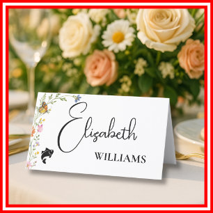 Cartão de Nome de Casamento Menu Peixe Floral Boho