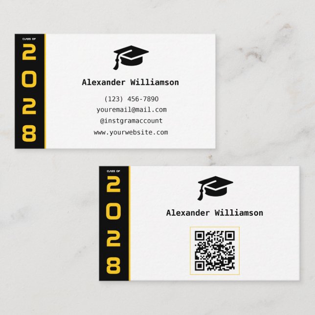 Cartão de Nome de Formatura com Código QR Preto Do (Frente/Verso)