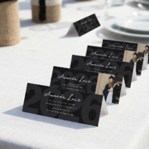 Cartão de Nome de Formatura com Foto Preta Minimal