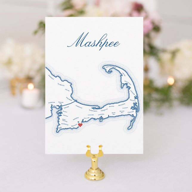 Cartão de Nome de Mesa de Casamento Mapa de Mashpe (Mashpee Cape Cod Wedding Table Town Name Cards fully editable with elegant navy blue map )