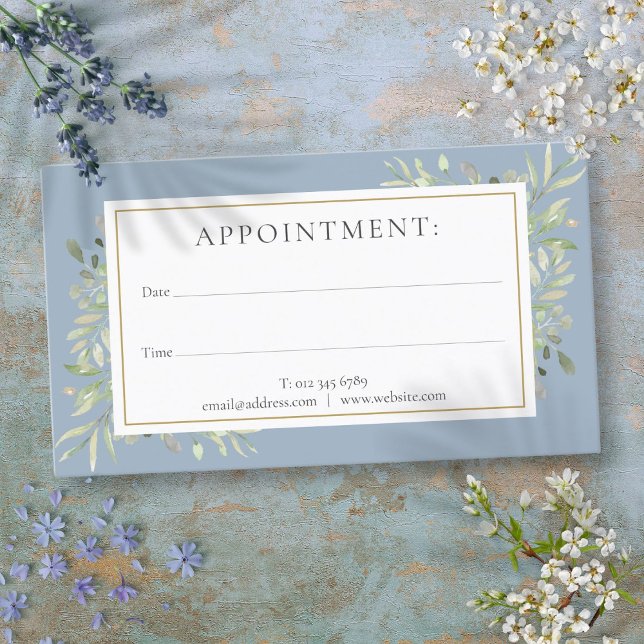 Cartão de Nomeação Dourado Verde Dusty Blue (Dusty Blue Gold Greenery Appointment Card)