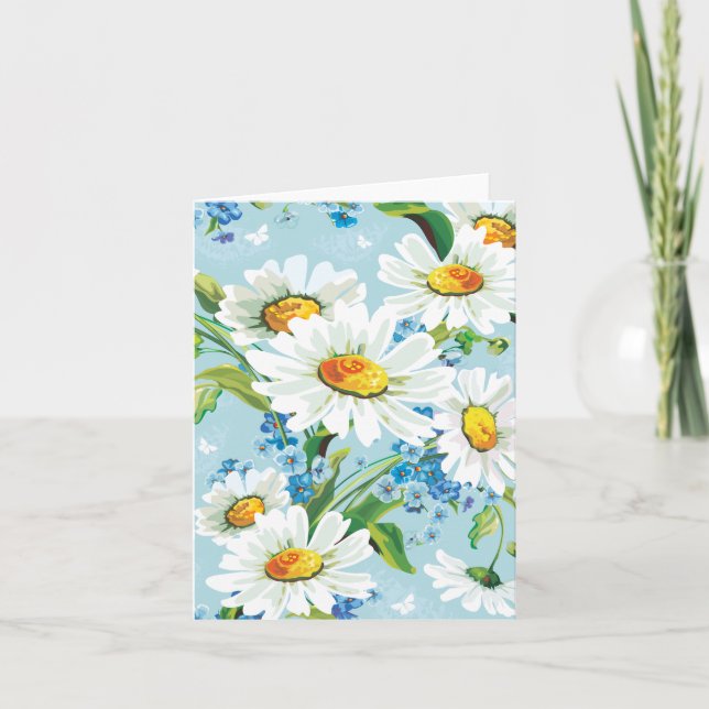 Cartão de Nota Azul com Padrão Floral Branco Daisy (Frente)