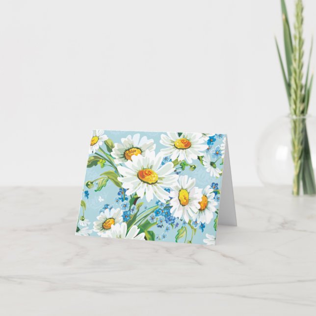 Cartão de Nota Azul com Padrão Floral Branco Daisy (Frente)
