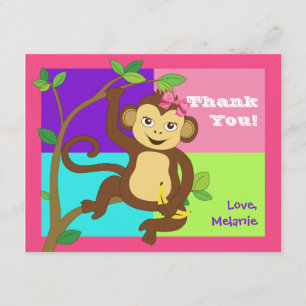 Cartão de nota colorido do macaco da menina do