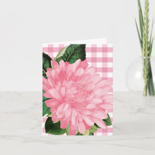 Cartão de Nota com Flor Rosa Clássica no Xadrez (Frente)