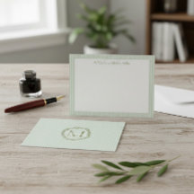 Cartão de Nota com Listras em Verde Pastel e Monog