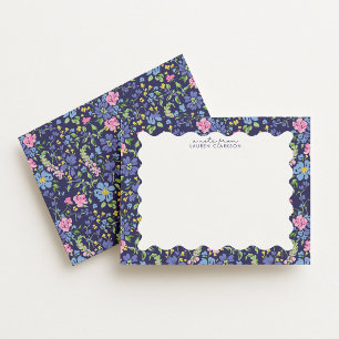 Cartão de Nota com Moldura Ondulada Floral Azul Ma