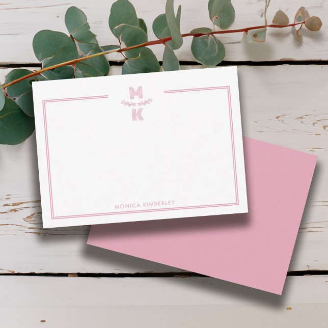 Cartão de Nota com Monograma de Borda Rosa Minimal (Minimalist Blush Pink Border Monogram Note Card)