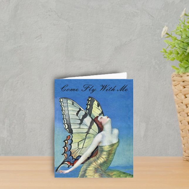 Cartão de Nota da Fada Borboleta Dourada (Pretty red haired fairy gold dress monarch butterfly wings blue sky on notecard.)