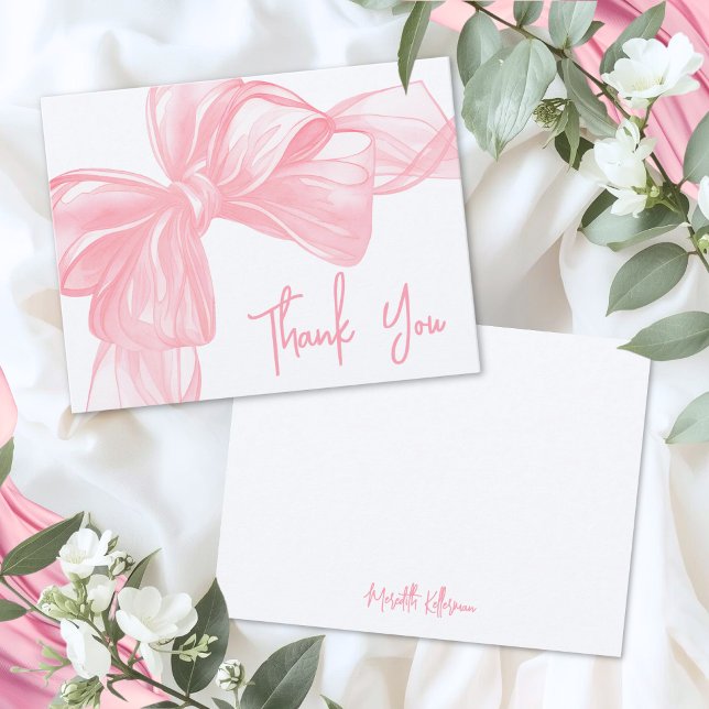 Cartão de Nota de Agradecimento com Laço Rosa Pers (Personalized Pink Bow Thank You Note Card )