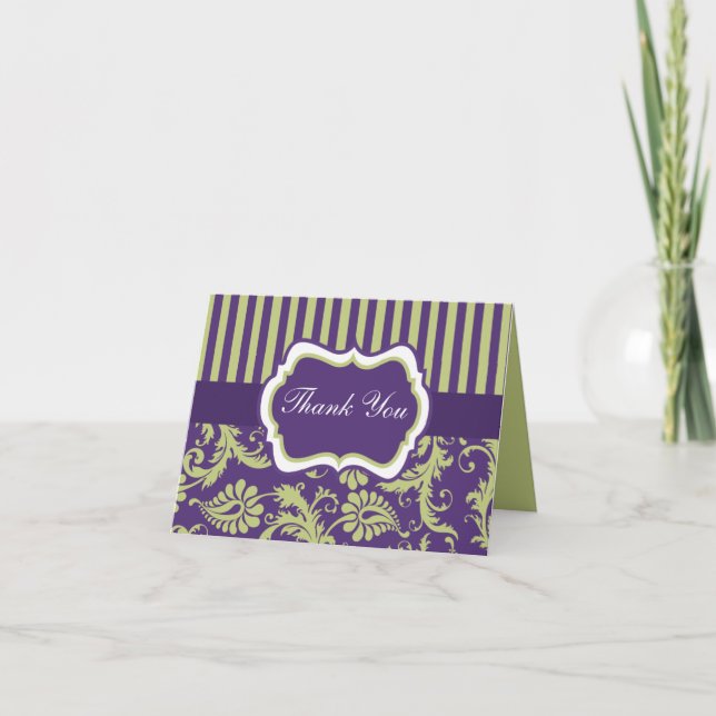 Cartão de Nota de Agradecimento Damask Roxo, Verde (Frente)