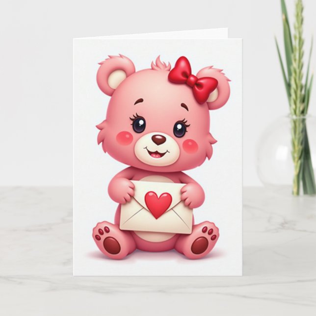 Cartão de Nota de Amor de Urso Rosa Fofo (Frente)