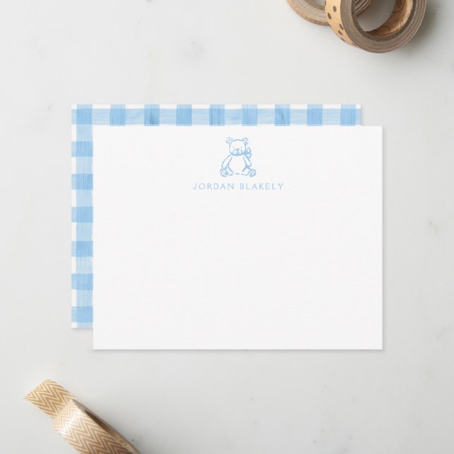 Cartão de Nota de Bebê, Urso Teddy Azul Claro Xadr (Frente/Verso In Situ)