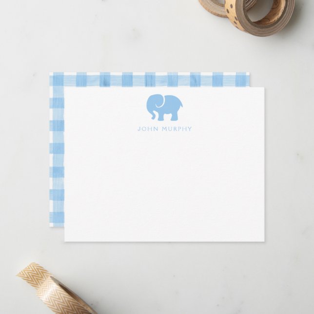 Cartão de Nota de Bebê, Xadrez Azul Claro Elefante (Frente/Verso In Situ)