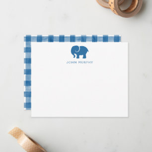 Cartão de Nota de Bebê, Xadrez Azul Elefante