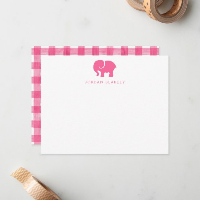 Cartão de Nota de Bebê, Xadrez Elefante Rosa (Frente/Verso In Situ)