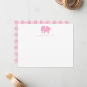 Cartão de Nota de Bebê, Xadrez Elefante Rosa Claro