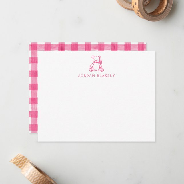 Cartão de Nota de Bebê, Xadrez Urso Teddy Rosa Cha (Frente/Verso In Situ)