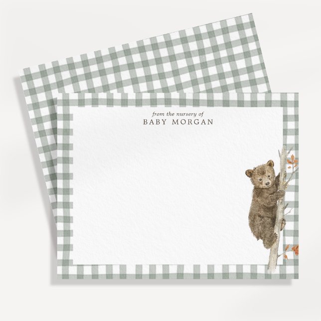 Cartão de Nota de Berçário Urso Floresta Gingham V (Criador carregado)