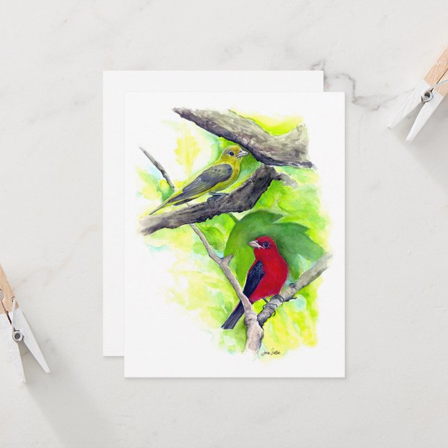 Cartão de Nota de Casal do Scarlet Tanager (Scarlet Tanager Couple In Tree Watercolor Blank Note Cards from Jenn Steffen Art)