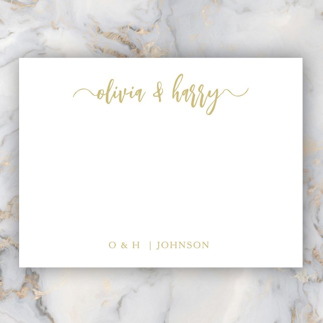 Cartão de Nota de Casamento Branco Dourado Monogra (Personalize Your Name(s) in Stylish Hand Lettered Script. Add Elegant Monogram Initials & Surname.)