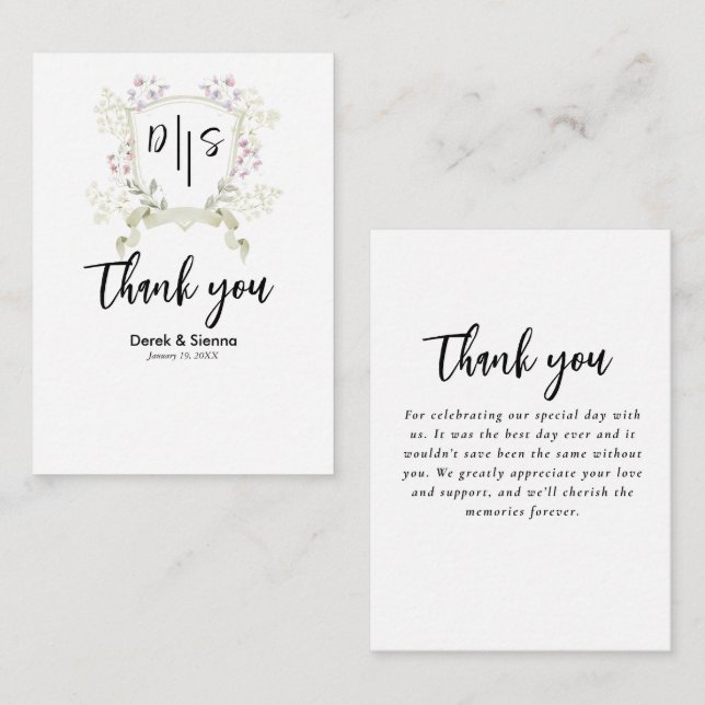 Cartão de Nota de Casamento com Crista de Monogram (Frente/Verso)