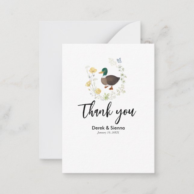 Cartão de Nota de Casamento do Pato-real com Flor  (Frente)