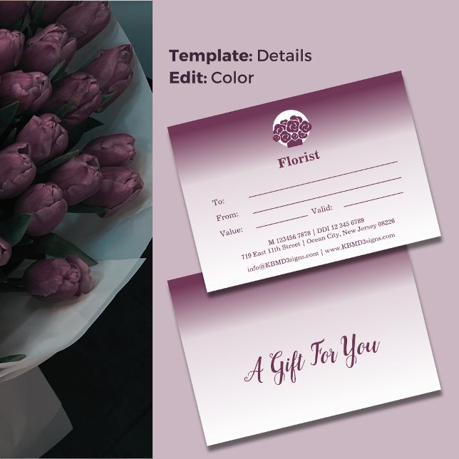 💝 Cartão de Nota de Certificado de Presente Púrpu (💝Custom Purple & White Gift Certificate Note Card, Florist Shop Branding)