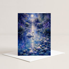 Cartão de Nota de Cisne ao Luar em Aquarela