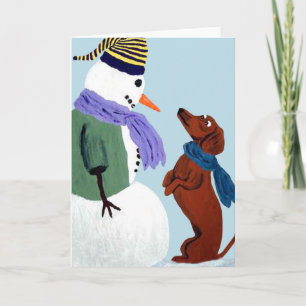 Cartão de Nota de Dachshund e Boneco de Neve