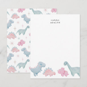 Cartão de Nota de Dinossauros Rosa para Crianças