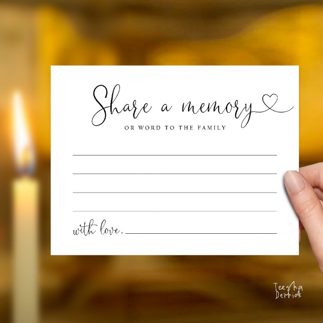Cartão de Nota de Funeral Minimalista Compartilhe  (Minimalist Script Share a Memory Funeral Note Card in Black and White)